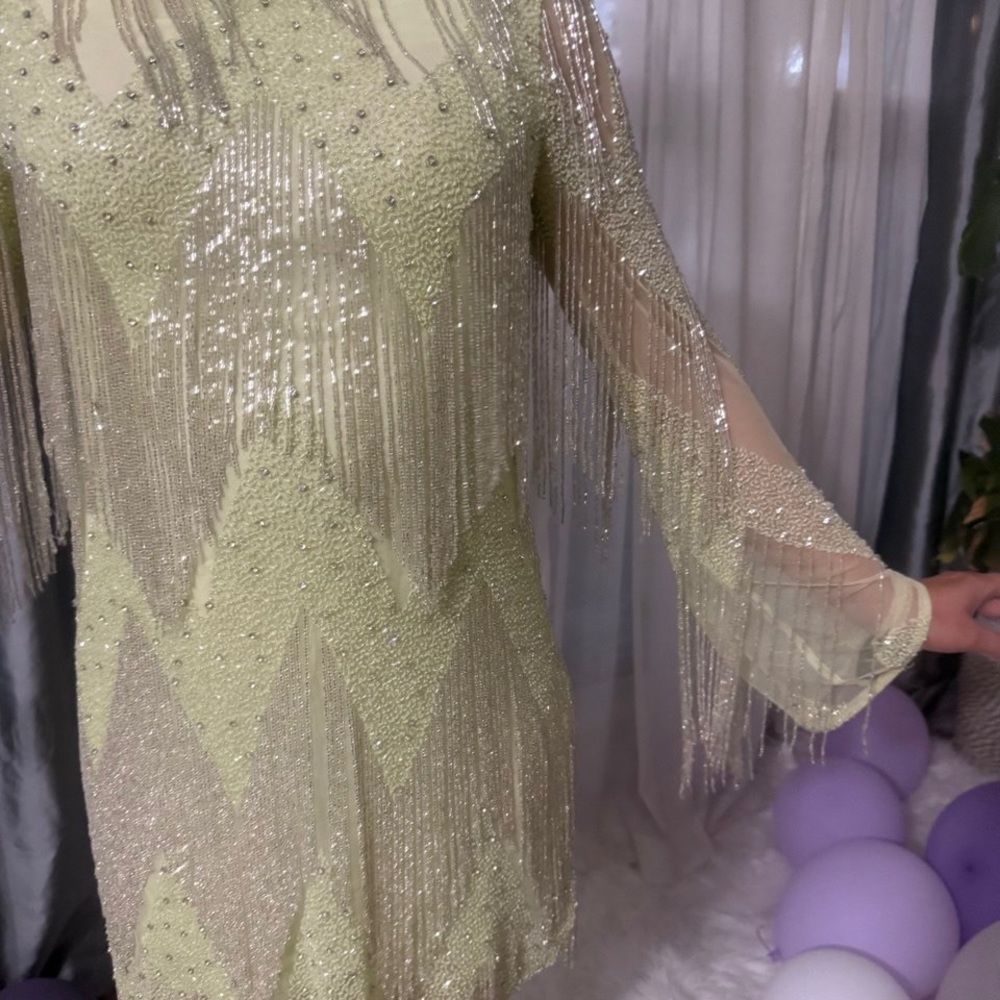 Rachel Gilbert Sequin Long Sleeve Dress in Cream and Silver - Picture 7 of 12